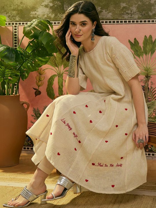 Embroidered Pure Cotton Round Neck Kurta &amp;amp; Trousers