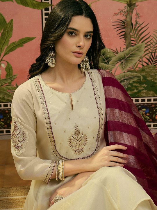 Embroidered Round Neck Kurta &amp;amp; Patiala With Dupatta