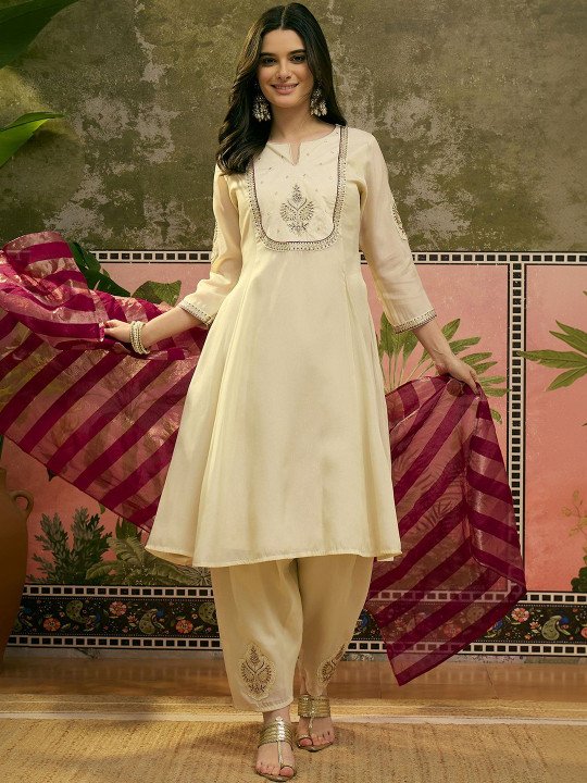 Embroidered Round Neck Kurta &amp;amp; Patiala With Dupatta