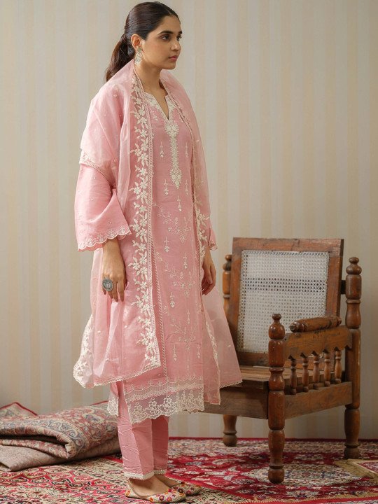 Ethnic Motifs Embroidered Straight Kurta With Trousers &amp;amp; Dupatta
