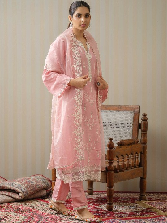 Ethnic Motifs Embroidered Straight Kurta With Trousers &amp;amp; Dupatta