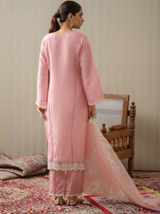 Ethnic Motifs Embroidered Straight Kurta With Trousers &amp;amp; Dupatta