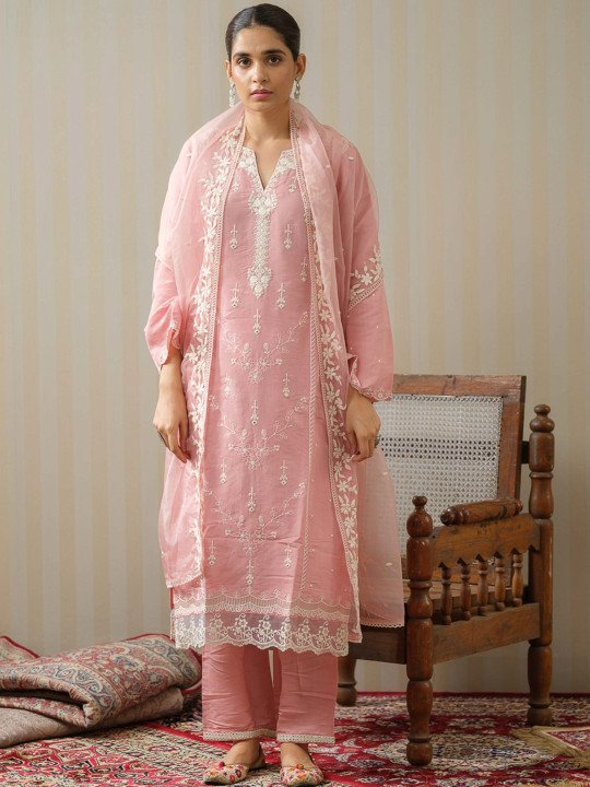 Ethnic Motifs Embroidered Straight Kurta With Trousers &amp;amp; Dupatta