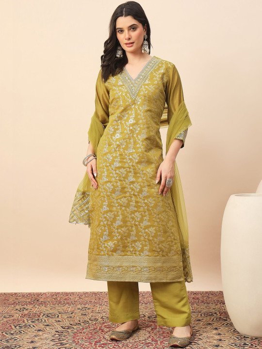 Pink and white embroidered kurta with trousers and dupatta  Kurta design: Ethnic motifs embroidered  Straight shape Regular style V-neck Three-quarter regular sleeves Thread work deteail Calf length with straight hem Silk blend machine weave fabric  Trousers design: Solid Trousers Elasticated waistband Zip closure Dupatta design: Embroidered dupatta  Taping border   Size &amp;amp; Fit The model (height 5&amp;#039;8&amp;quot;) is wearing a size M   Material &amp;amp; Care Kurta Fabric: Silk Blend Bottom Fabric: Silk Blend Dupatta Fabric: Organza Hand Wash