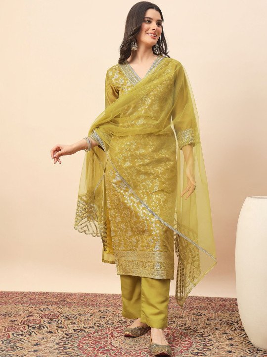 Pink and white embroidered kurta with trousers and dupatta  Kurta design: Ethnic motifs embroidered  Straight shape Regular style V-neck Three-quarter regular sleeves Thread work deteail Calf length with straight hem Silk blend machine weave fabric  Trousers design: Solid Trousers Elasticated waistband Zip closure Dupatta design: Embroidered dupatta  Taping border   Size &amp;amp; Fit The model (height 5&amp;#039;8&amp;quot;) is wearing a size M   Material &amp;amp; Care Kurta Fabric: Silk Blend Bottom Fabric: Silk Blend Dupatta Fabric: Organza Hand Wash