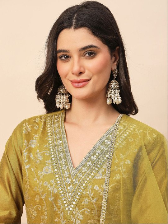 Pink and white embroidered kurta with trousers and dupatta  Kurta design: Ethnic motifs embroidered  Straight shape Regular style V-neck Three-quarter regular sleeves Thread work deteail Calf length with straight hem Silk blend machine weave fabric  Trousers design: Solid Trousers Elasticated waistband Zip closure Dupatta design: Embroidered dupatta  Taping border   Size &amp;amp; Fit The model (height 5&amp;#039;8&amp;quot;) is wearing a size M   Material &amp;amp; Care Kurta Fabric: Silk Blend Bottom Fabric: Silk Blend Dupatta Fabric: Organza Hand Wash