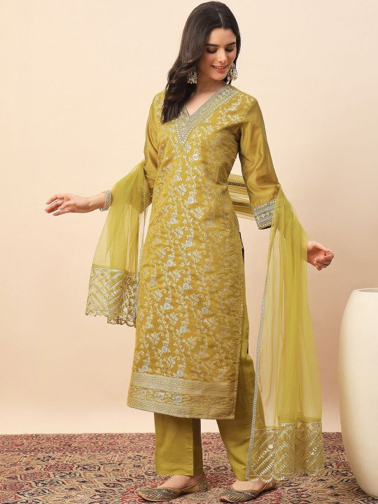 Pink and white embroidered kurta with trousers and dupatta  Kurta design: Ethnic motifs embroidered  Straight shape Regular style V-neck Three-quarter regular sleeves Thread work deteail Calf length with straight hem Silk blend machine weave fabric  Trousers design: Solid Trousers Elasticated waistband Zip closure Dupatta design: Embroidered dupatta  Taping border   Size &amp;amp; Fit The model (height 5&amp;#039;8&amp;quot;) is wearing a size M   Material &amp;amp; Care Kurta Fabric: Silk Blend Bottom Fabric: Silk Blend Dupatta Fabric: Organza Hand Wash