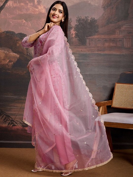 Floral Printed &amp;amp; Embroidered Organza Kurta &amp;amp; Trousers with Net Dupatta
