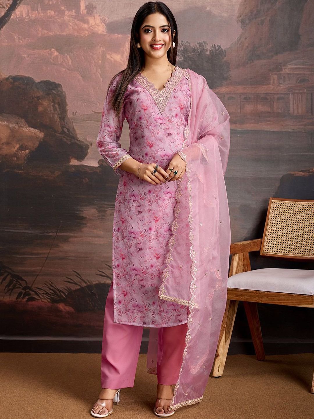 Floral Printed &amp;amp; Embroidered Organza Kurta &amp;amp; Trousers with Net Dupatta