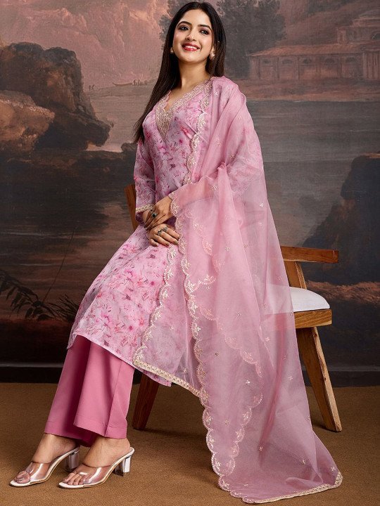 Floral Printed &amp;amp; Embroidered Organza Kurta &amp;amp; Trousers with Net Dupatta