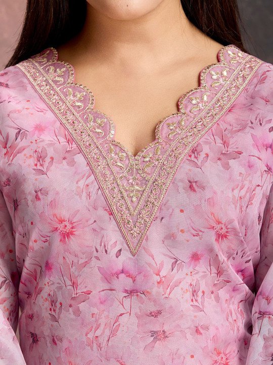 Floral Printed &amp;amp; Embroidered Organza Kurta &amp;amp; Trousers with Net Dupatta
