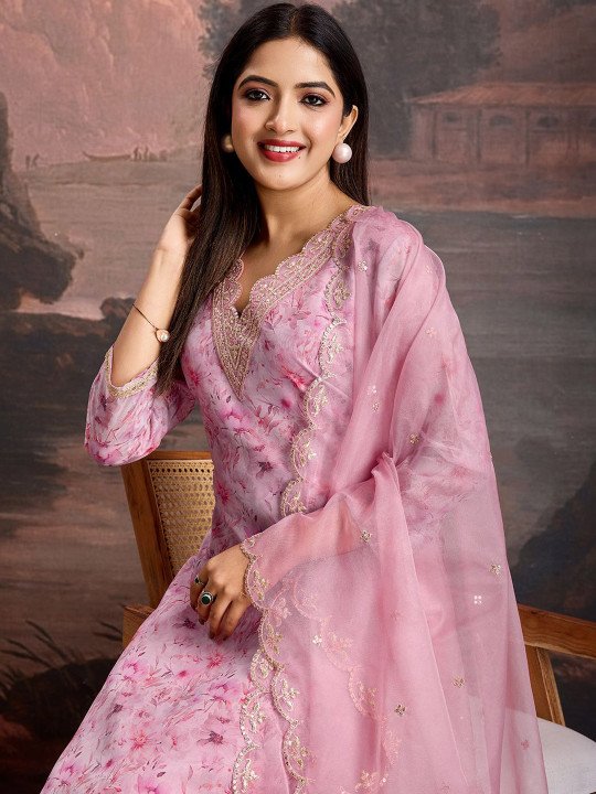 Floral Printed &amp;amp; Embroidered Organza Kurta &amp;amp; Trousers with Net Dupatta