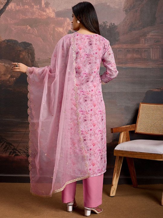Floral Printed &amp;amp; Embroidered Organza Kurta &amp;amp; Trousers with Net Dupatta
