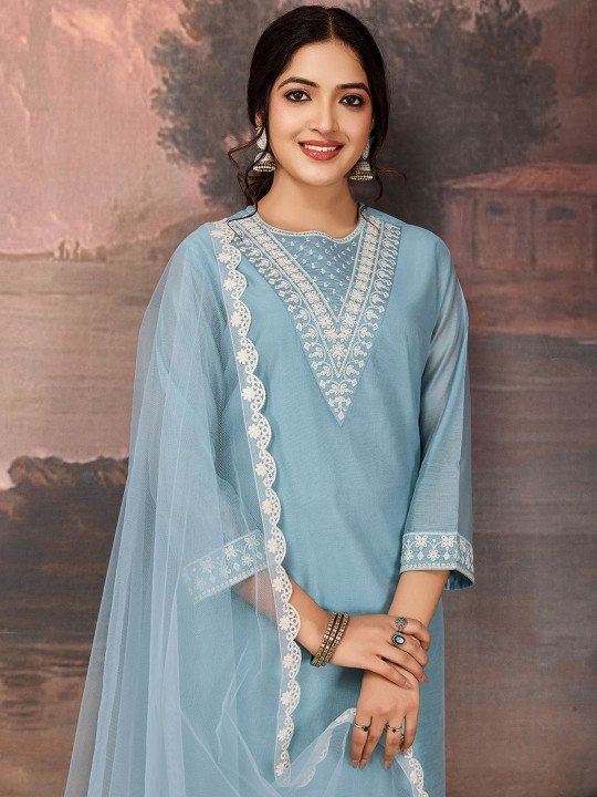 Sequined Embroidered Round Neck Straight Kurta &amp;amp; Trousers With Dupatta