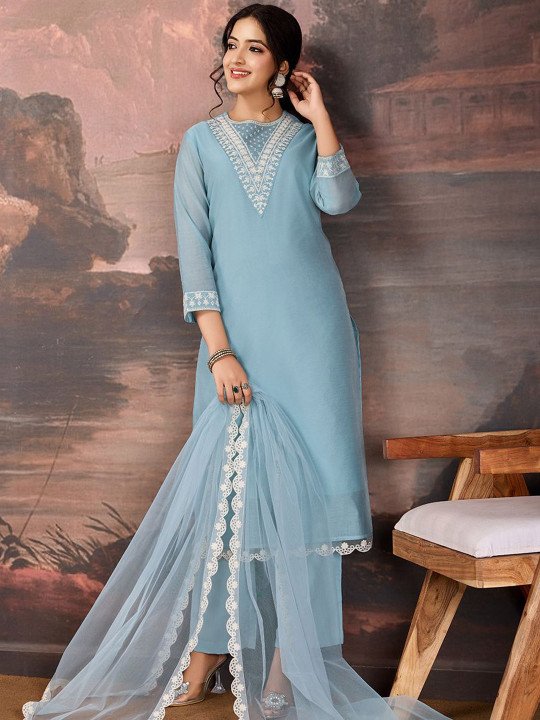 Sequined Embroidered Round Neck Straight Kurta &amp;amp; Trousers With Dupatta