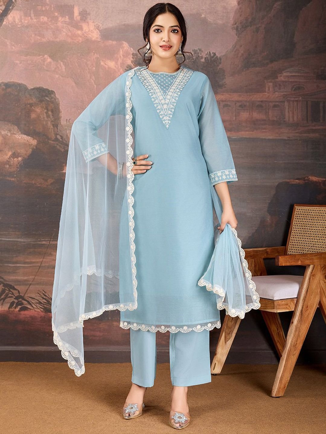 Sequined Embroidered Round Neck Straight Kurta &amp;amp; Trousers With Dupatta