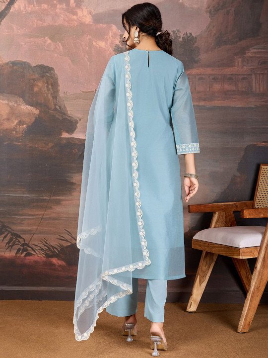Sequined Embroidered Round Neck Straight Kurta &amp;amp; Trousers With Dupatta