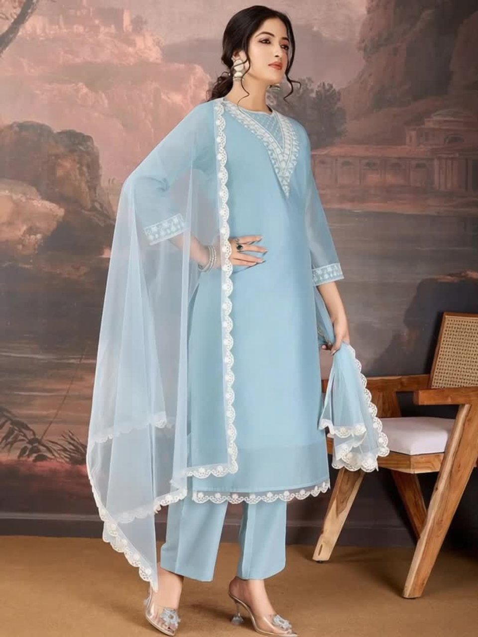 Sequined Embroidered Round Neck Straight Kurta &amp;amp; Trousers With Dupatta