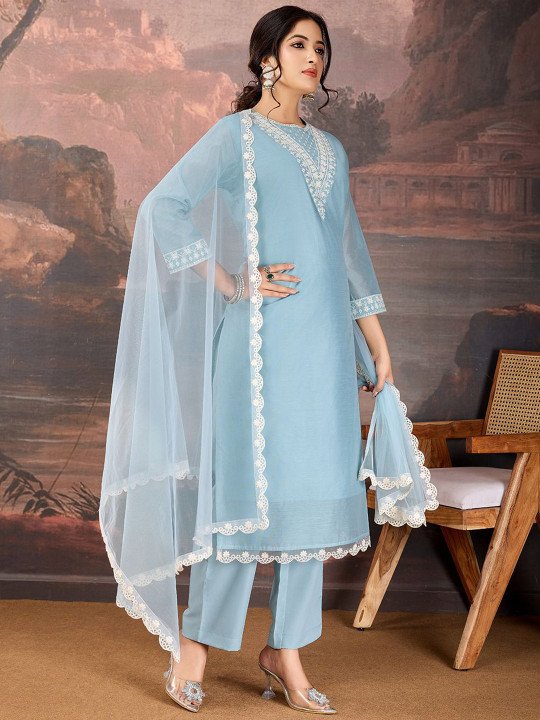 Sequined Embroidered Round Neck Straight Kurta &amp;amp; Trousers With Dupatta