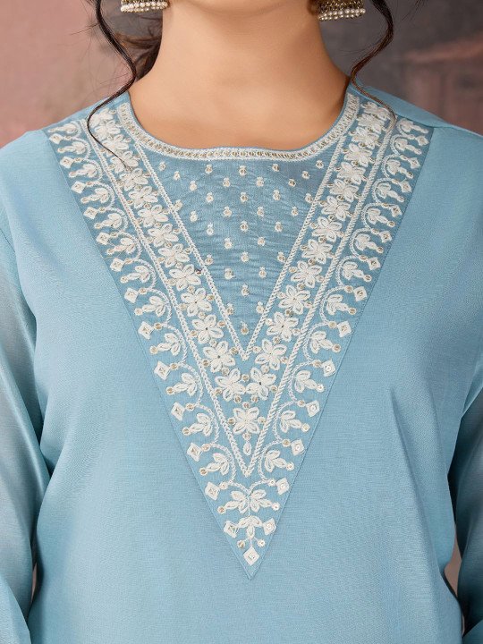 Sequined Embroidered Round Neck Straight Kurta &amp;amp; Trousers With Dupatta