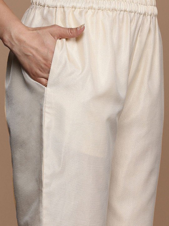 This kurta set consists of kurta trousers and dupatta Kurta Design Blue,white kurta Sequined Embroidered Straight shaped Regular style Round Neck Three quarter regular Sleeves Calf-length with straight hem with side slit Machine weave regular chanderi cotton Trousers Design: Solid trousers Partially elasticated Waistband Slip on closure Dupatta Design:  Solid dupatta Taping border  Size &amp;amp; Fit Regular fit The model (height 5&amp;#039;8&amp;quot;) is wearing a size S   Material &amp;amp; Care Top Material: Chanderi cotton Bottom Material: Silk crepe Dupatta Fabric: Net Dry clean only
