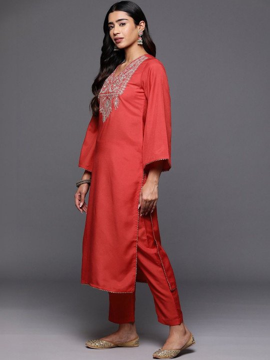 Embroidered V-Neck Kurta &amp;amp; Trousers With Dupatta