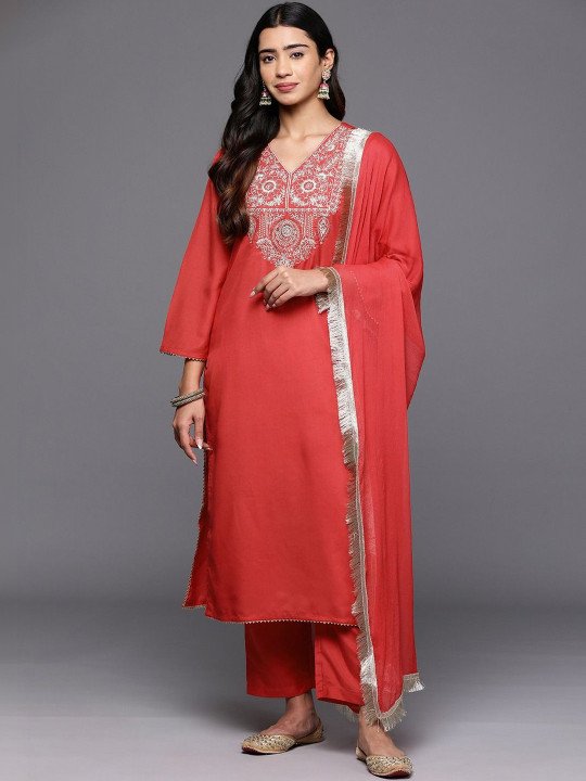 Embroidered V-Neck Kurta &amp;amp; Trousers With Dupatta