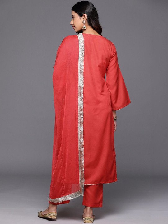 Embroidered V-Neck Kurta &amp;amp; Trousers With Dupatta