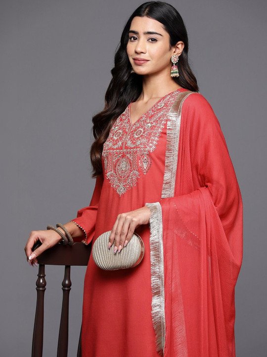 Embroidered V-Neck Kurta &amp;amp; Trousers With Dupatta