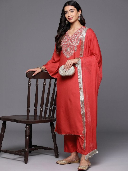 Embroidered V-Neck Kurta &amp;amp; Trousers With Dupatta
