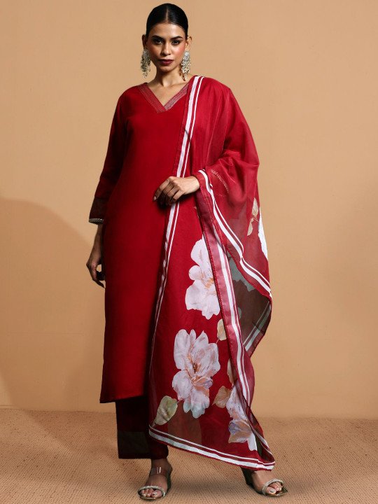 Women Floral Embroidered Kurta with Trouser &amp;amp; Dupatta