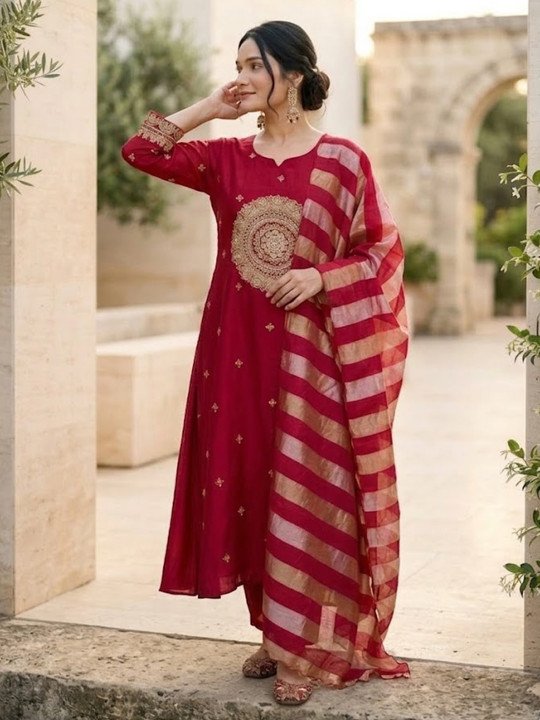 Embroidered Round Neck Kurta &amp;amp; Trousers With Dupatta