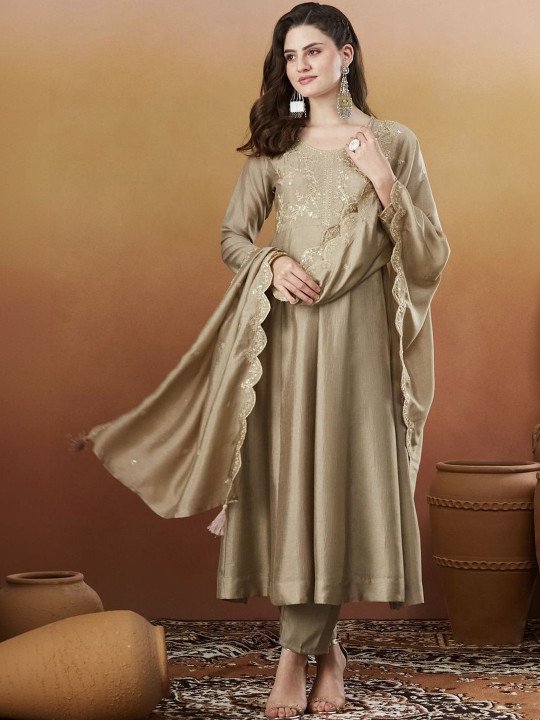 Embroidered V-Neck Kurta &amp;amp; Trousers With Dupatta