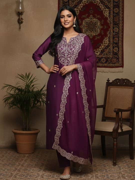 Embroidered Notched Neck Kurta &amp;amp; Trousers with Dupatta