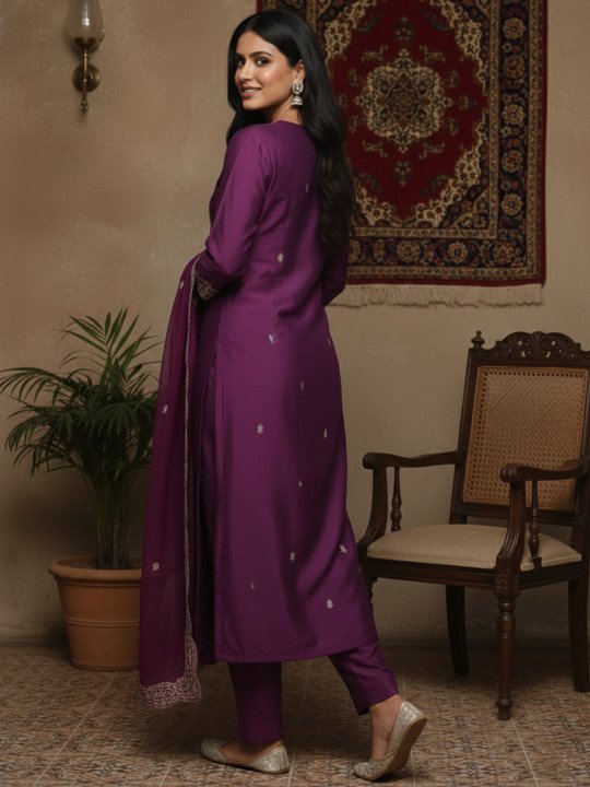 Embroidered Notched Neck Kurta &amp;amp; Trousers with Dupatta
