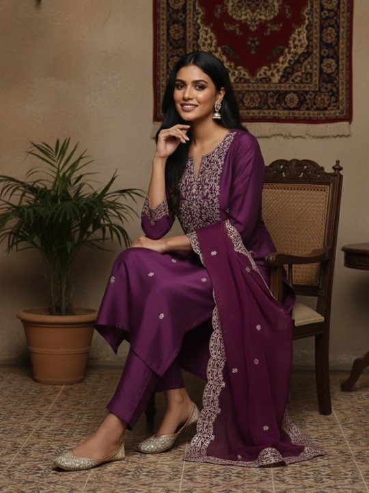 Embroidered Notched Neck Kurta &amp;amp; Trousers with Dupatta