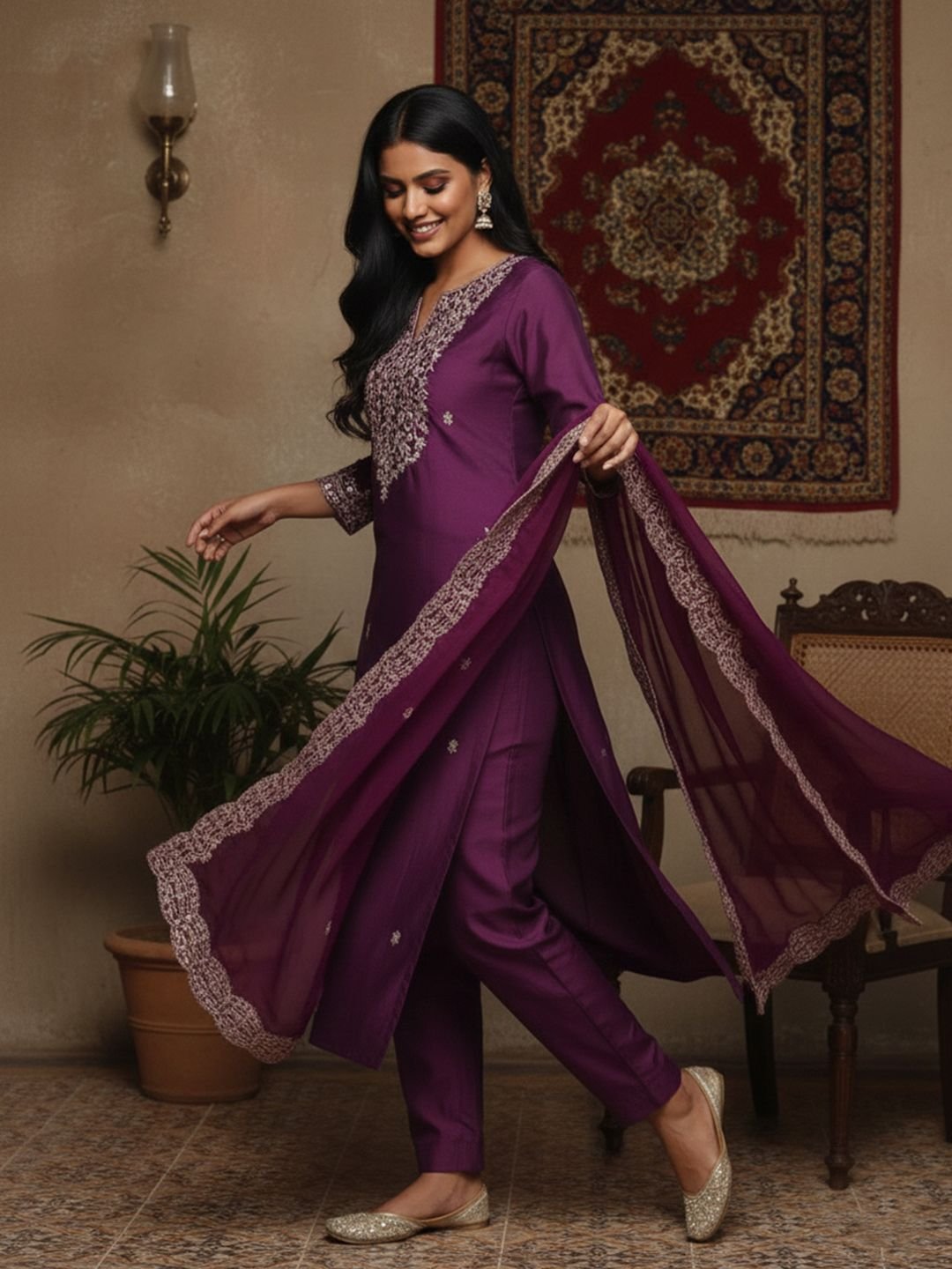 Embroidered Notched Neck Kurta &amp;amp; Trousers with Dupatta
