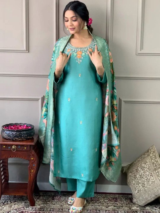 Embroidered Round Neck Kurta &amp;amp; Trousers With Dupatta