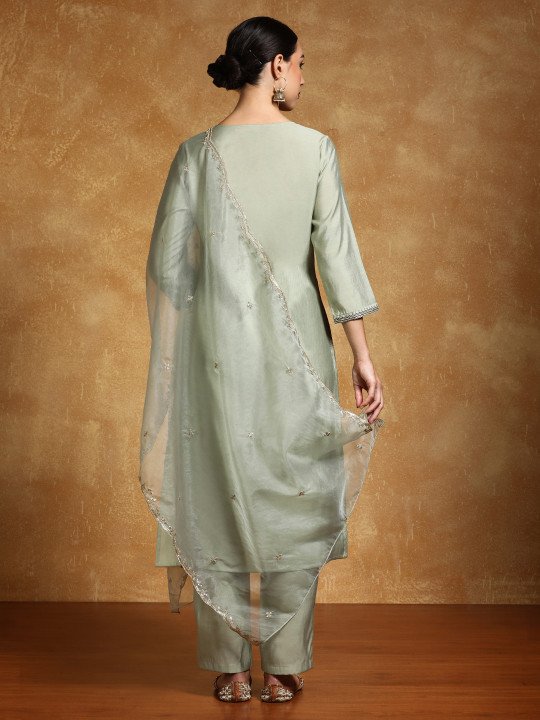 Embroidered Round Neck Kurta &amp;amp; Trousers with Dupatta Set