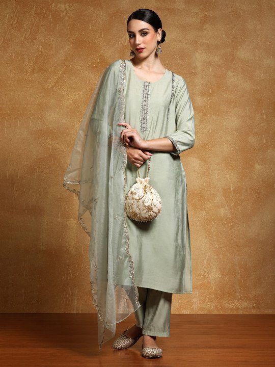 Embroidered Round Neck Kurta &amp;amp; Trousers with Dupatta Set