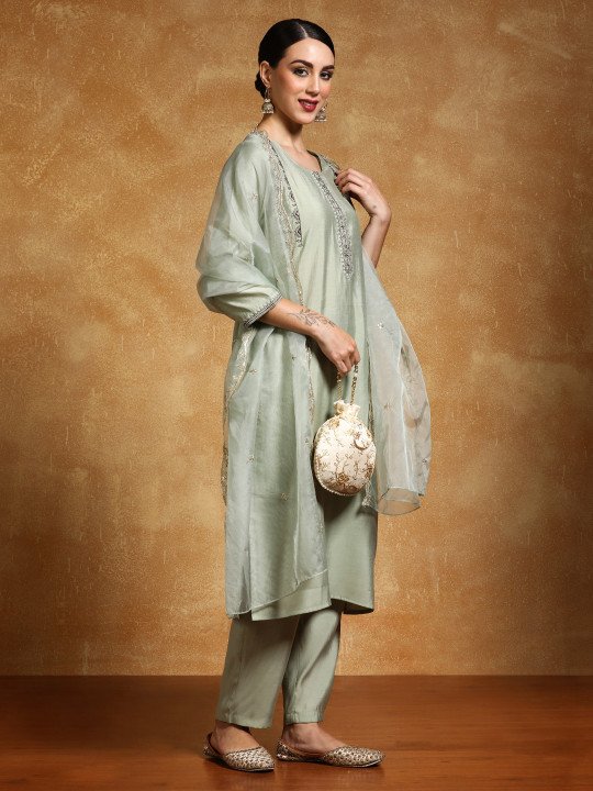 Embroidered Round Neck Kurta &amp;amp; Trousers with Dupatta Set