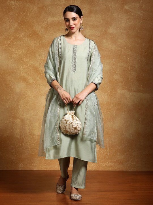 Embroidered Round Neck Kurta &amp;amp; Trousers with Dupatta Set