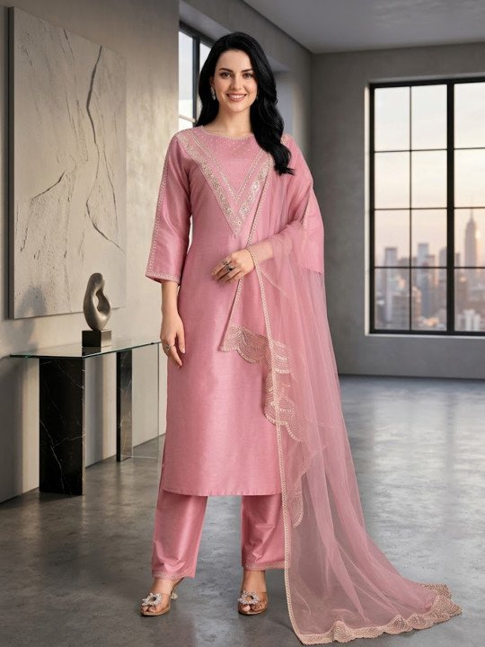 Embroidered Round Neck Kurta &amp;amp; Trousers With Dupatta