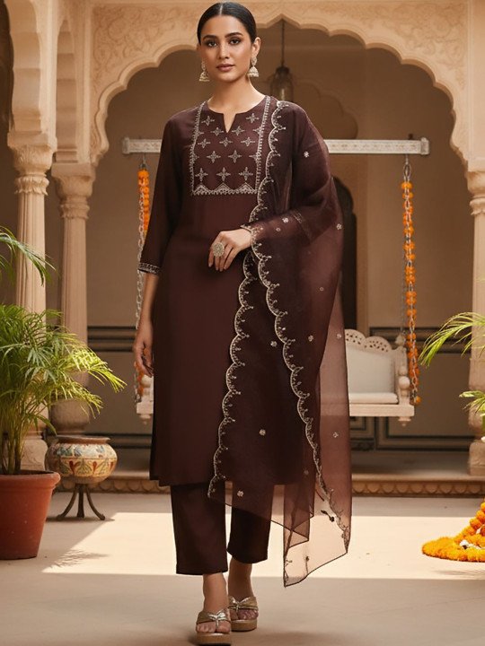 Embroidered Round Neck Kurta &amp;amp;amp; Trousers with Dupatta Set