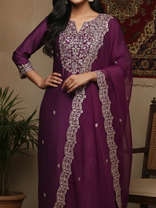 Embroidered Notched Neck Kurta &amp;amp; Trousers with Dupatta