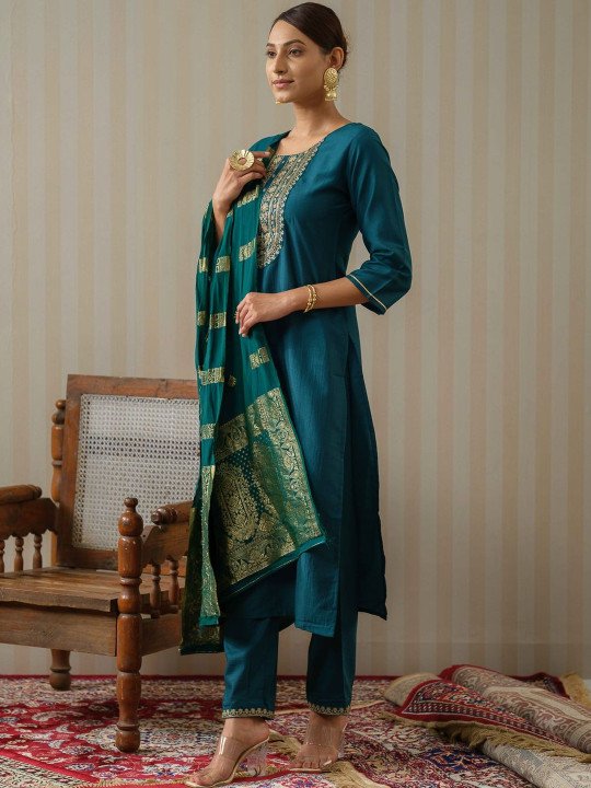 Embroidered Round Neck Kurta &amp;amp; Trousers With Dupatta