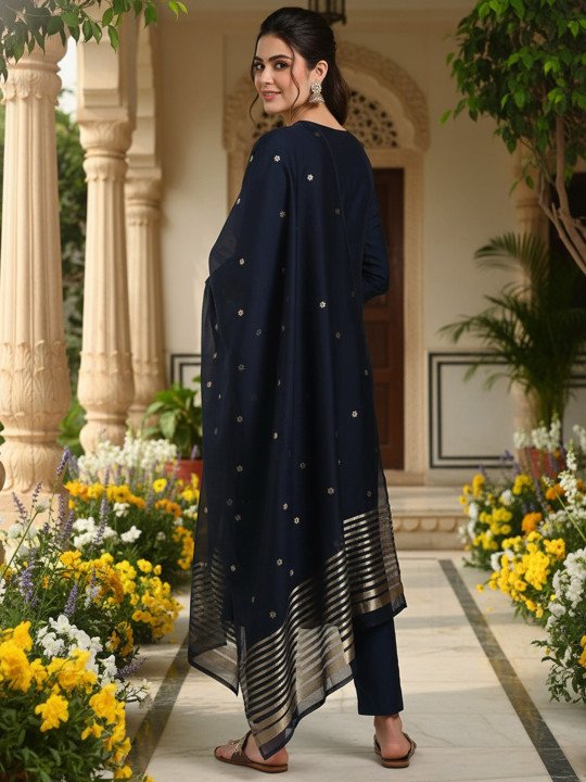 Women Embroidered Straight Kurta Trousers With Dupatta