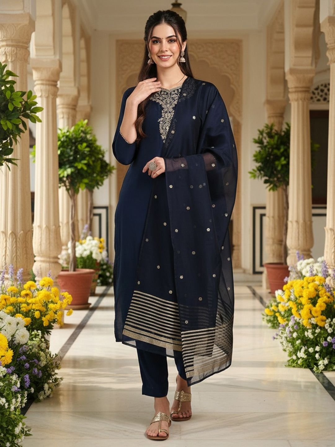 Women Embroidered Straight Kurta Trousers With Dupatta