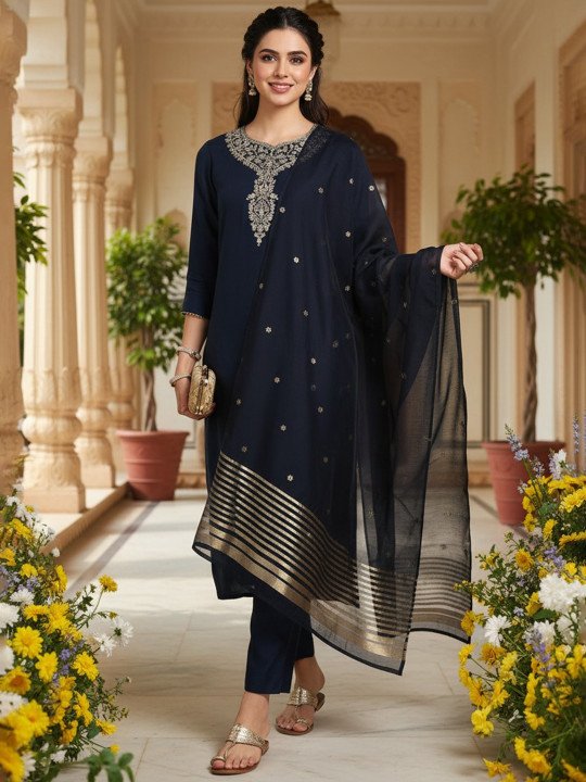 Women Embroidered Straight Kurta Trousers With Dupatta