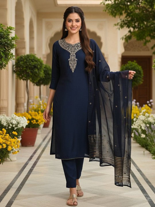 Women Embroidered Straight Kurta Trousers With Dupatta